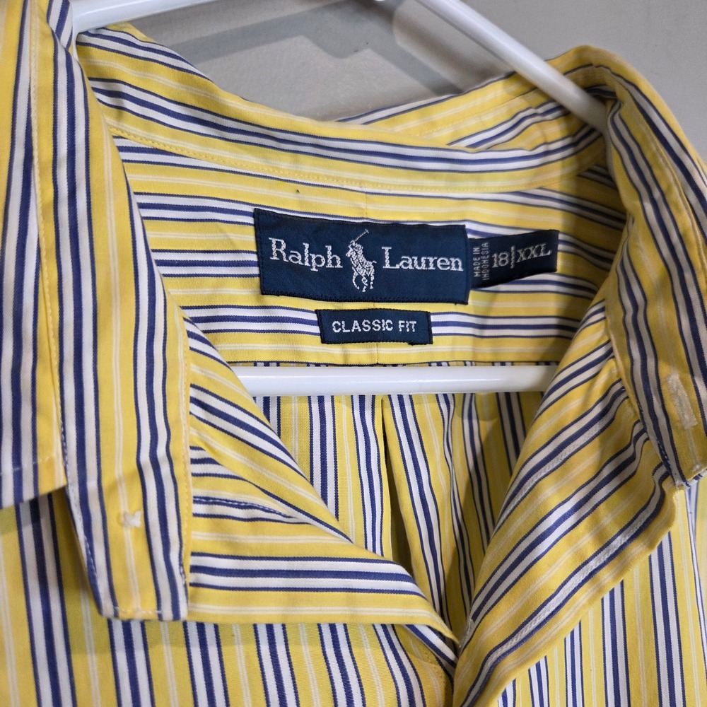 Ralph Lauren Mens 18 XXL Classic Fit Button Down Shirt Yellow Blue Stripe Cotton